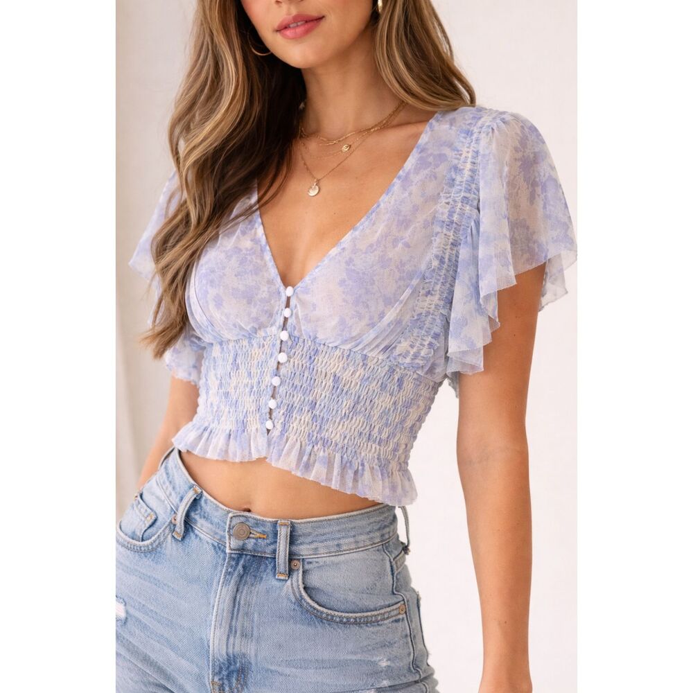 Free People Blue Floral Mesh Smocked Ruffle Crop Top (Size M) Boho Fairy Sheer
